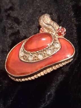 Gold-Tone Red Enamel Hat Brooch with Crystal Accents